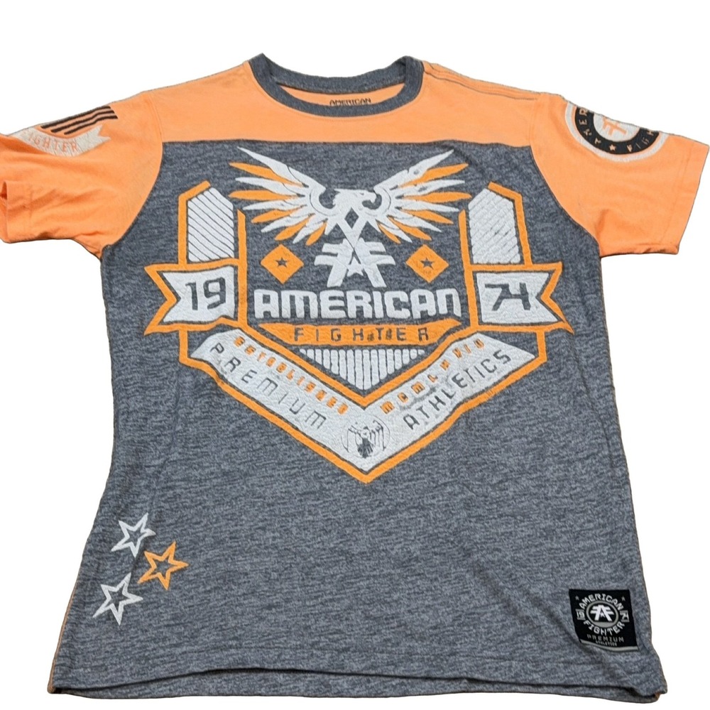 American Fighter Graphic T-Shirt S Grey Orange Cotton Blend RN#127458